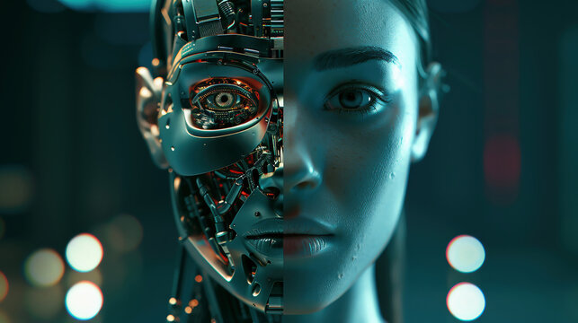 Portrait Of Two Faces Showing Woman And Robot