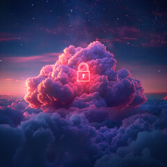 A cloud with a glowing red lock on it - obrazy, fototapety, plakaty