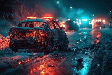 A severely damaged vehicle amid a snowy nighttime scene captures the aftermath of a traffic collision
