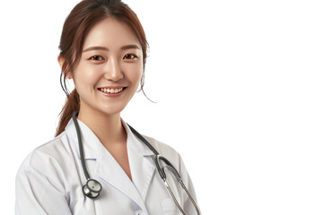 Portrait of smiling female doctor in white coat with stethoscope Isolated on transparent background.