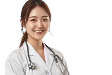 Portrait of smiling female doctor in white coat with stethoscope Isolated on transparent background.