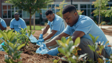 group of people, likely a family, engaged in planting a young tree, focusing on environmental care and education.