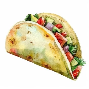 Watercolor illustration of a fresh vegetable taco, ideal for culinary concepts and Mexican cuisine promotions