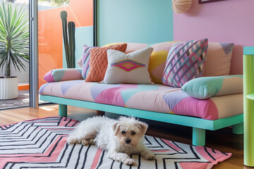 Dog in Living Room near Sofa. Design Interior of Living Room in Memphis Style (Very Colorful, Knitted Decor, Neon style) 