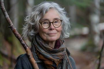 a photo of grandmother pendragon, a friendly 80 year old psychic with shoulder length grey hair and circular glasses, she is a slim woman, she is walking in the forest - obrazy, fototapety, plakaty
