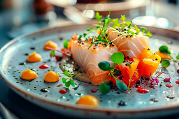 A beautifully plated salmon with edible flower garnish and artistic sauce drops, showcasing modern culinary skills