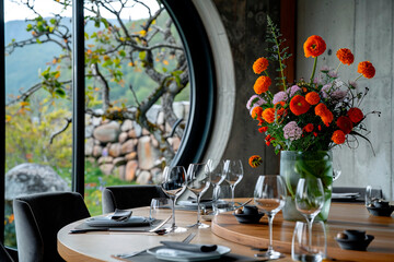 A restaurant's dining table features a stunning bouquet, fine glassware, and a scenic view, inviting a sense of luxury and tranquility