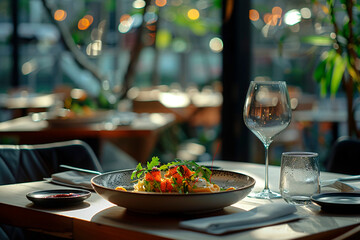 A sumptuous plate of food beautifully presented, capturing the essence of gourmet cuisine in a fashionable dining atmosphere with natural lighting