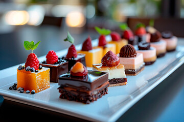 A delightful array of mini gourmet desserts arranged meticulously on a long plate, epitomizing a fusion of flavor and artful presentation
