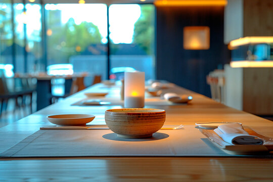 A warm and inviting image showcasing a contemporary restaurant table setting with selective focus, embodying a sense of luxury dining experiences