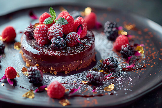 Chocolate dessert topped with fresh raspberries, blackberries adorned with gold leaf and powdered sugar, reflecting indulgence and artistry