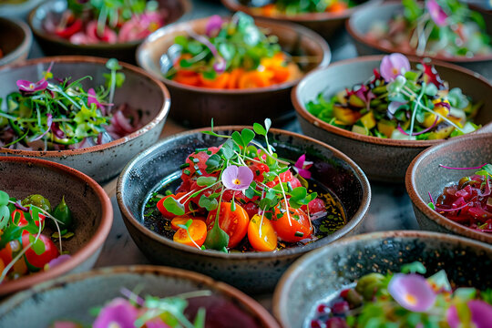 A vibrant image featuring a variety of fresh, colorful salads with edible flowers, served in modern bowls