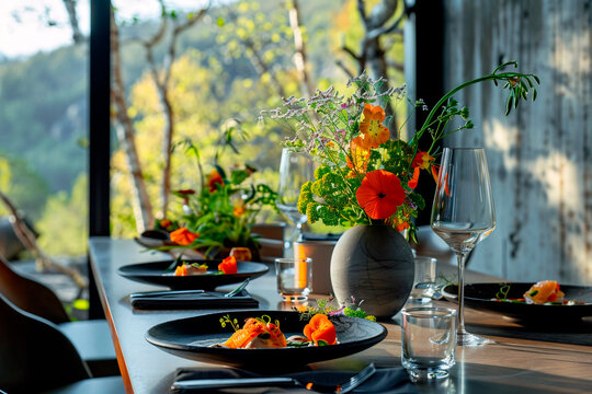 An image of a table beautifully adorned with natural elements and flowers, under the soft sunlight, creating an inviting and serene dining setup