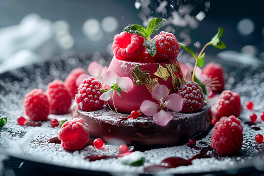 A visually captivating dessert with vibrant raspberries, dusted with sugar against a dark background, emanating luxury and indulgence