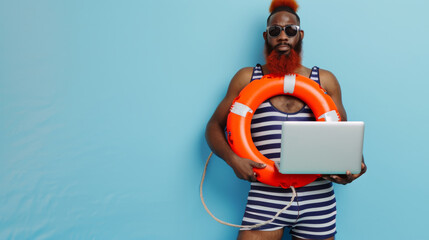joyful man with red-dyed hair and a full beard, wearing round sunglasses, a striped tank top, holding a laptop in one hand, and an orange lifebuoy in the other