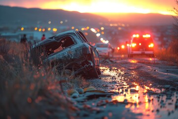 The aftermath of a car crash is illuminated by the glowing sunset and approaching emergency vehicle lights in the background - obrazy, fototapety, plakaty