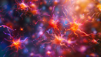 A bunch of red and purple brain cells are shown in a blurry, colorful image