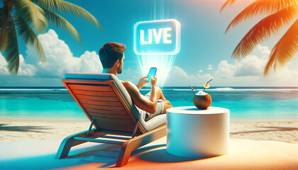 Man enjoys relaxation on a beach chair, using phone with 'LIVE' hologram light, coconut water on desk. Serene beach setting. AI Generated. - obrazy, fototapety, plakaty