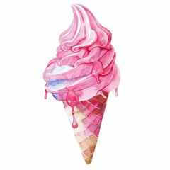 Hand-painted watercolor illustration of a melting pink and purple swirl ice cream cone on a white background, perfect for summer or dessert-related themes
