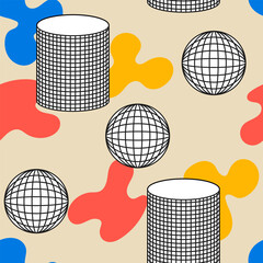 Seamless pattern with abstract geometric shapes and forms. Vector flat background in brutalism concept. Wireframe cylinder and globes