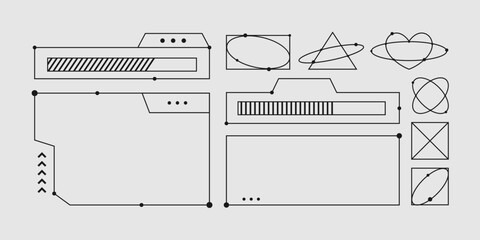 Set of retro futuristic elements in brutalism cyberpunk style. Geometric abstract wireframes and shapes. Template for design. Outline vector illustration