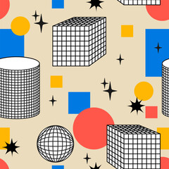 Seamless pattern with abstract geometric shapes and forms. Vector flat background in brutalism concept. Wireframe cylinder, cubes and globes