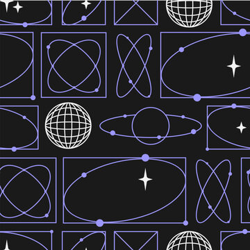 Seamless pattern with retro abstract geometric forms and cyberpunk elements. Vector background in retro computer aesthetic