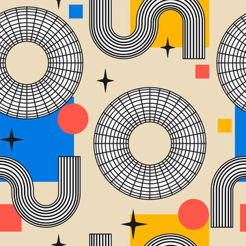 Seamless pattern with abstract geometric shapes and forms. Vector flat background in brutalism concept