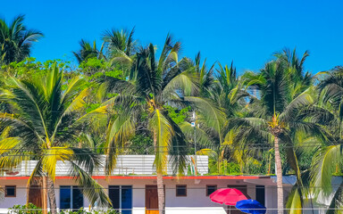 Hotels resorts buildings in paradise among palm trees Puerto Escondido.