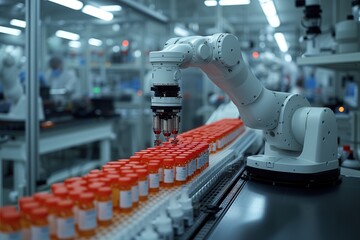 A meticulous pharmaceutical robot arm, filling orange bottles on a production line, signifying healthcare technology progression