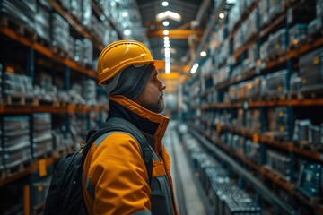A worker wearing yellow stands mid-warehouse with blurred face, evoking concepts of anonymity in the workforce - obrazy, fototapety, plakaty