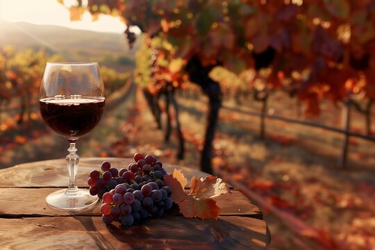 Um copo de vinho tinto num vinhedo na &eacute;poca das vindimas