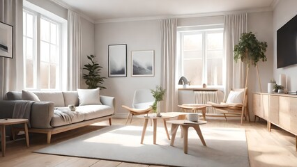 Light woods, clean lines, and a neutral color palette characterize this Scandinavian-inspired room. Plush, comfortable seating and soft textures create a cozy yet minimalist ambiance 