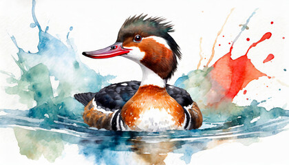 A watercolor of a red breasted merganser dock