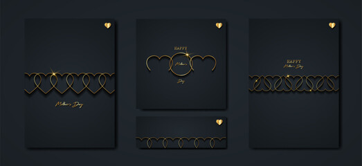 Fototapeta na wymiar Happy Mothers day vector set greeting card. Gold Mom hearts on black background. Golden holiday poster with text. Concept for mother's day banner, flyer, party invitation, gift shop, templates