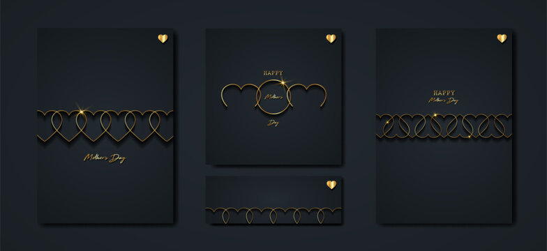Happy Mothers day vector set greeting card. Gold Mom hearts on black background. Golden holiday poster with text. Concept for mother's day banner, flyer, party invitation, gift shop, templates - Powered by Adobe