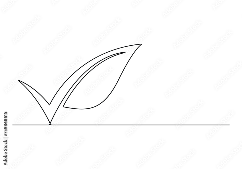 Aufkleber continuous one line drawing of check mark with leaf vector illustration.