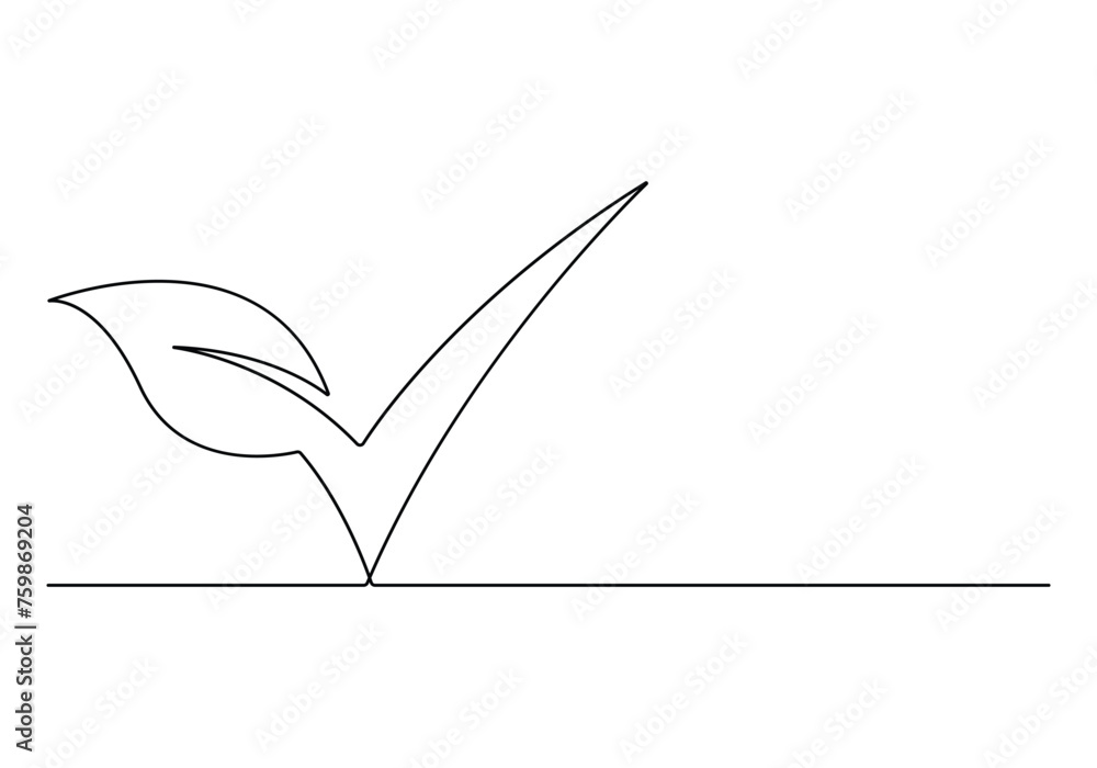 Poster continuous single line drawing of check mark with leaf vector illustration.