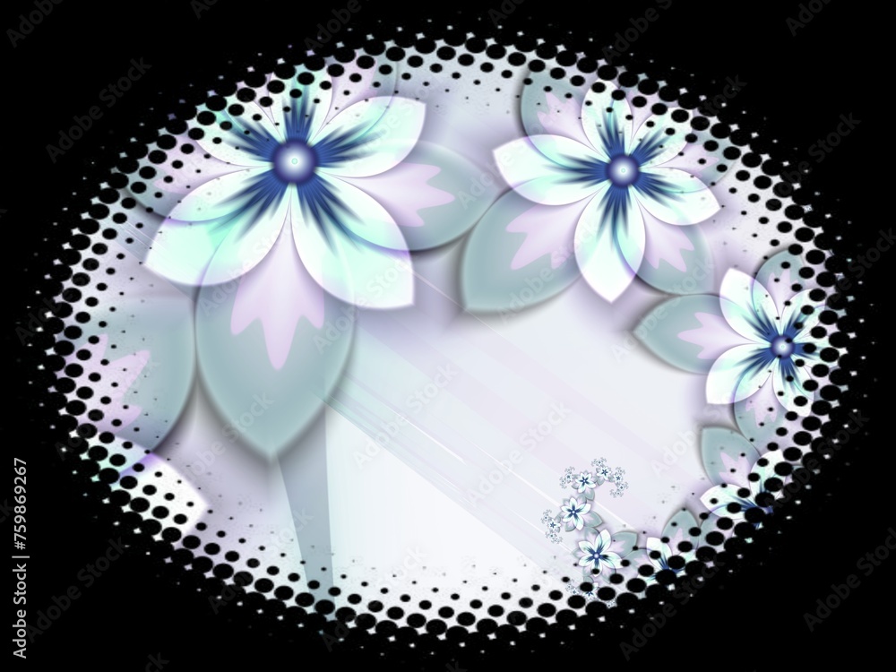 Poster fractal image in an oval frame with flowers on a dark background..template with place for inserting 