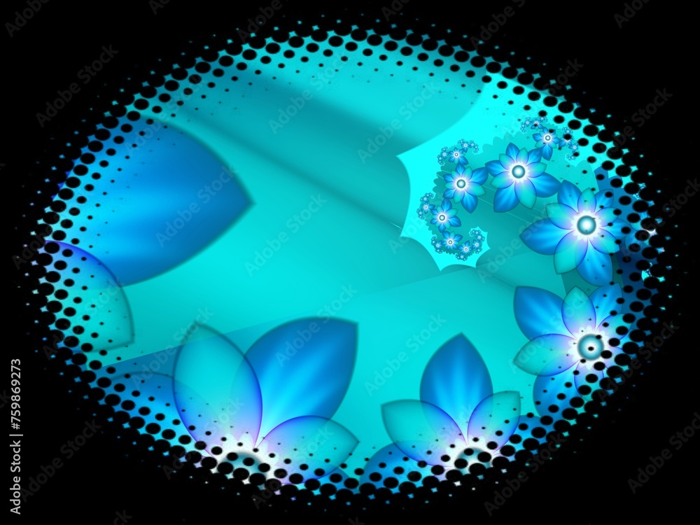 Poster fractal image in an oval frame with flowers on a dark background..template with place for inserting 