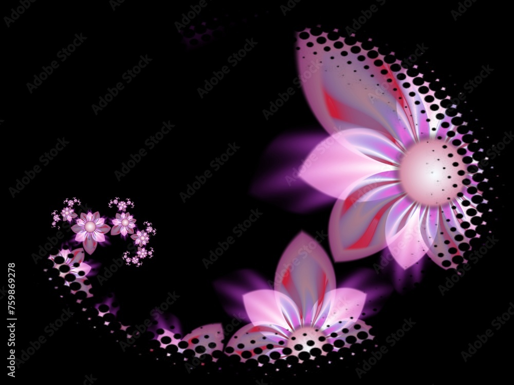 Poster fractal image in an oval frame with flowers on a dark background..template with place for inserting 