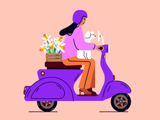 Illustration of a girl on a scooter with a dog and flowers. Woman on a moped. Flat vector illustration of a girl with a dog on a bike. Spring. Spring time © Maria Fado