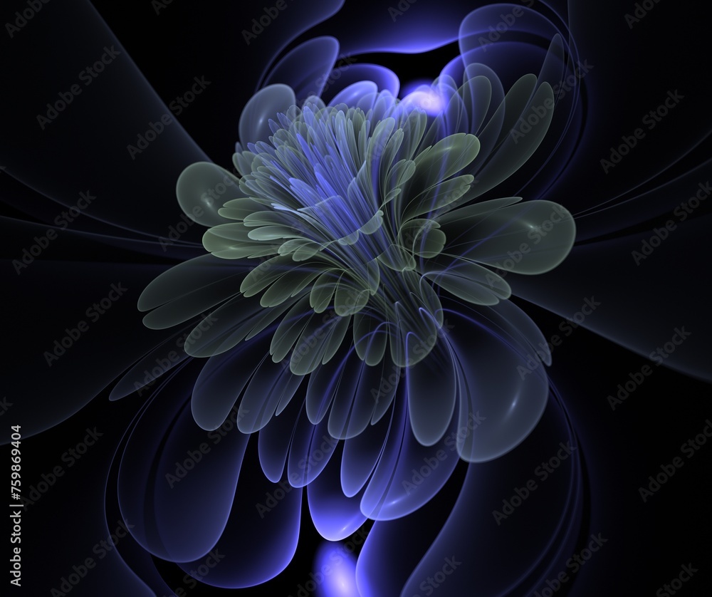 Poster a fantastic image of a rendered fractal flower on a dark background..original background for your gr