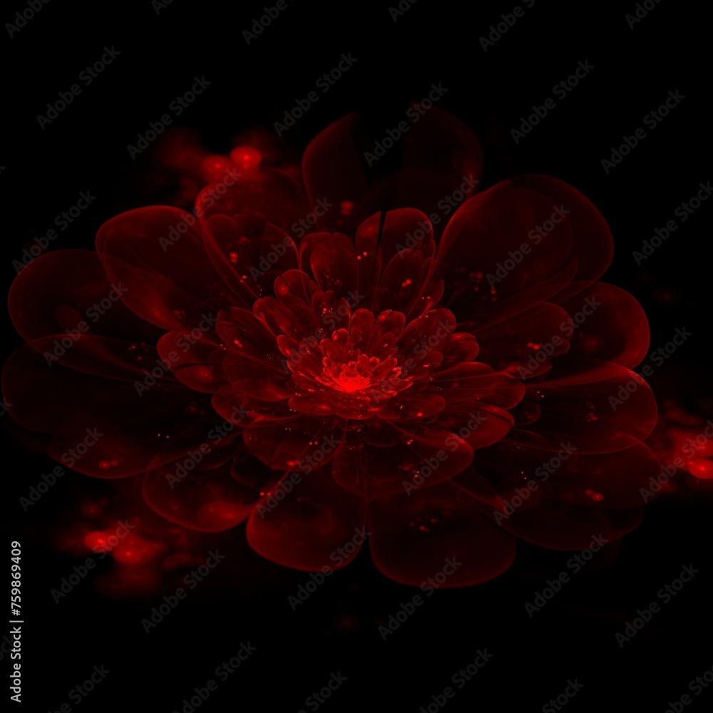 Poster a fantastic image of a rendered fractal flower on a dark background..original background for your gr