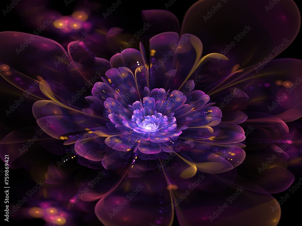 Poster a fantastic image of a rendered fractal flower on a dark background..original background for your gr