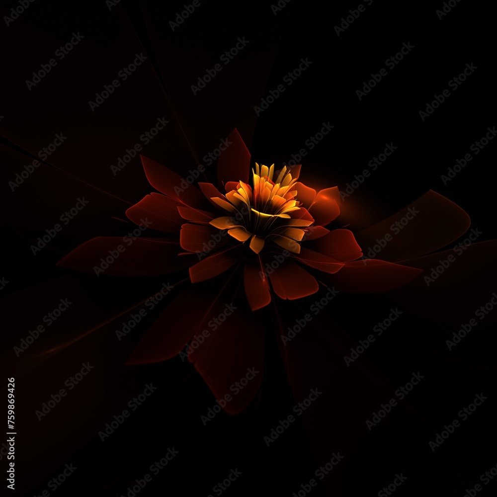 Poster a fantastic image of a rendered fractal flower on a dark background..original background for your gr
