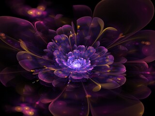 A fantastic image of a rendered fractal flower on a dark background..Original background for your graphic design. Neon glowing flower.