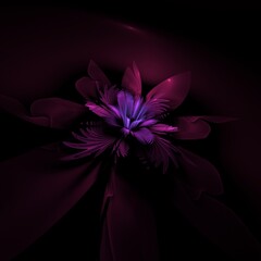 A fantastic image of a rendered fractal flower on a dark background..Original background for your graphic design. Neon glowing flower.