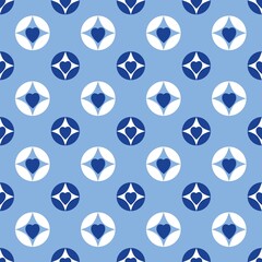 Blue white seamless background with flowers..Abstract, repeating regular pattern for print..Graphic design with regular shapes.