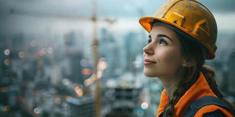 Female construction worker wearing a helmet with urban cityscape in the background, with space for text. Concept Female Construction Worker, Urban Cityscape, Helmet, Space for Text